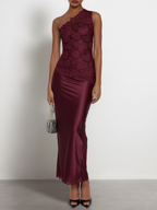 Black Lace One Shoulder Sleeveless Sheath Maxi Dress