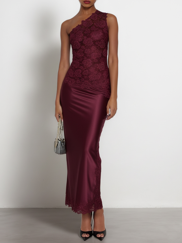 Black Lace One Shoulder Sleeveless Sheath Maxi Dress