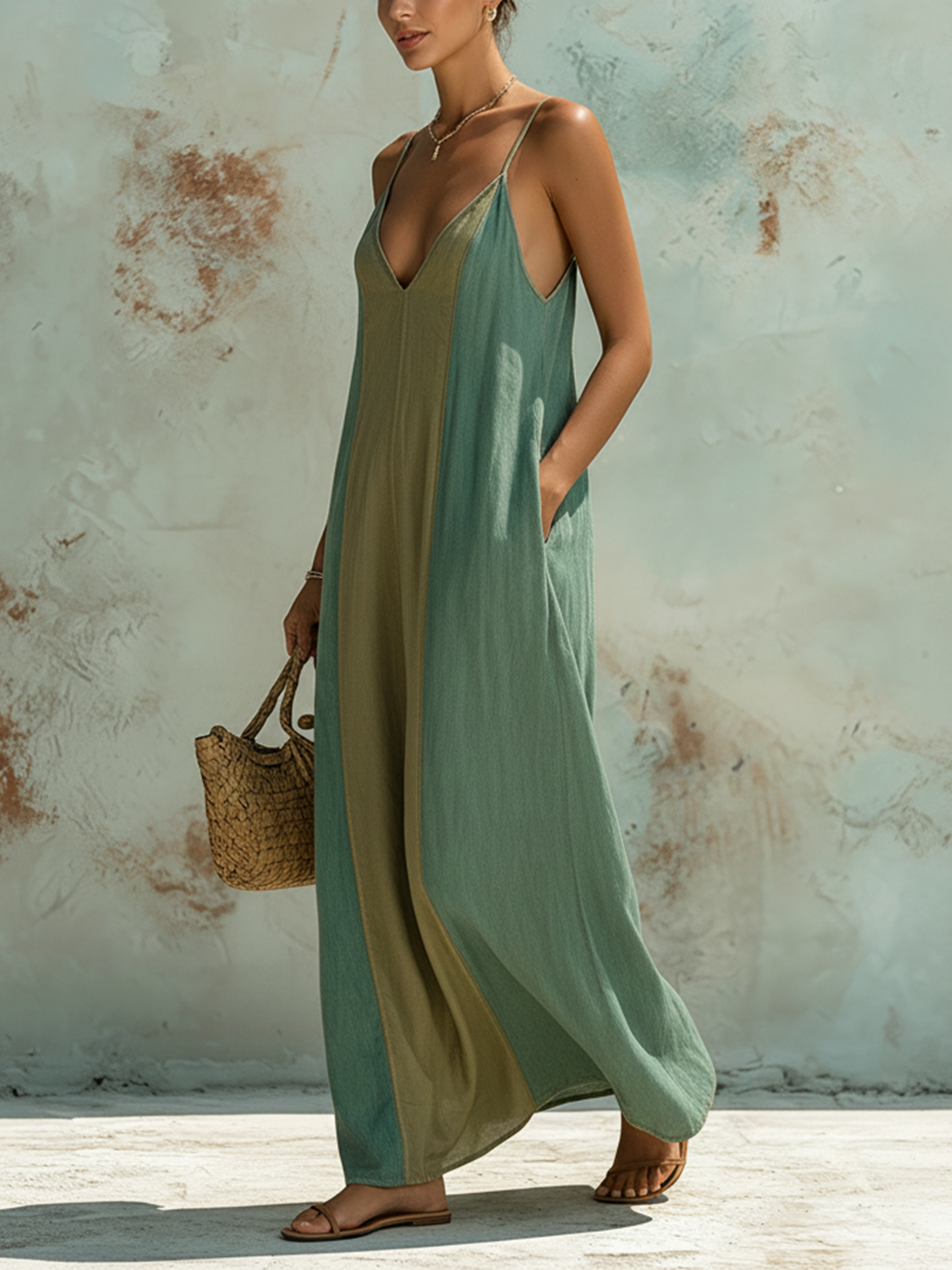 Color Block Denim Cami Maxi Dress In Sage & Olive