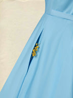 Midi Cotton Dress, Built-in Bra, Sleeveless, Sweetheart Neck, Plain, French Vintage, Blue
