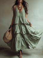 Effortless Boho Tiered Maxi Dress In Soft Sage Green