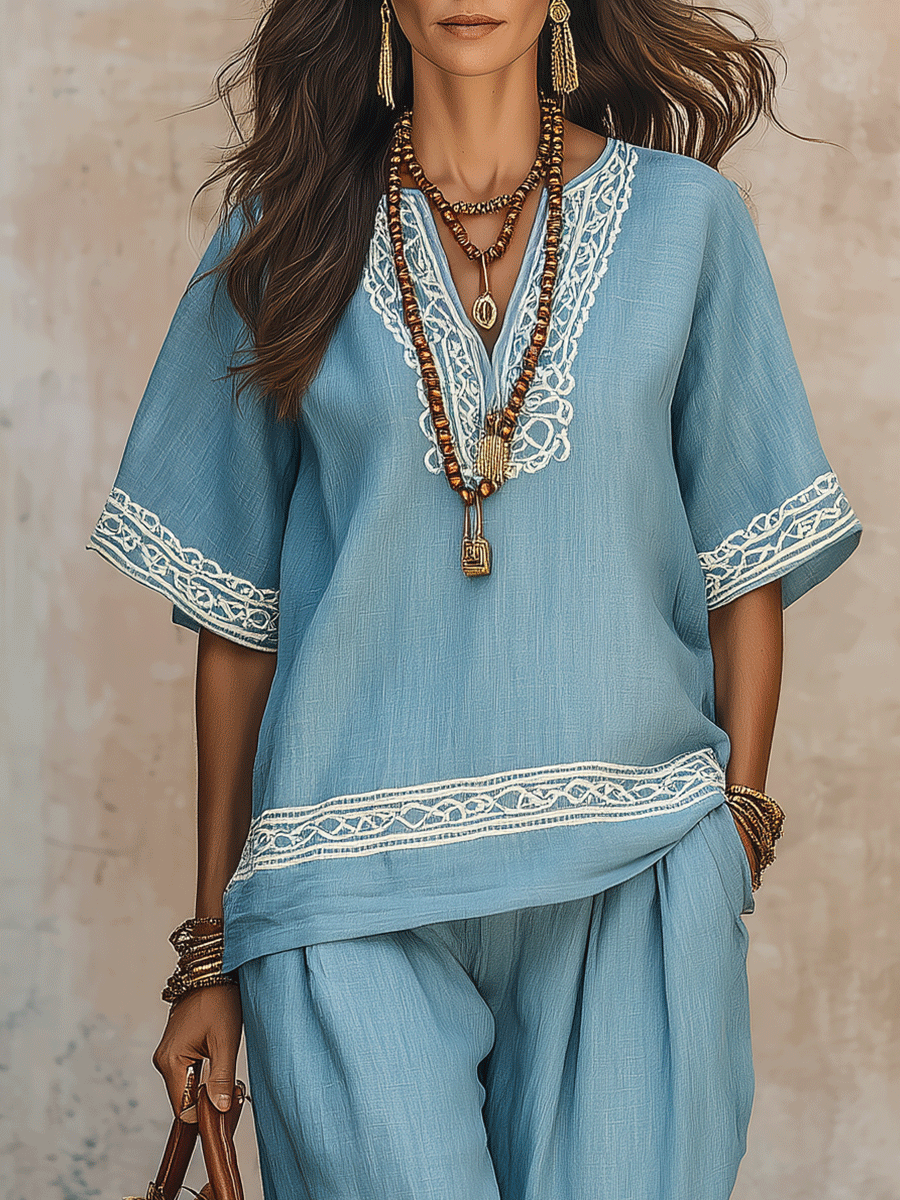Effortless Boho Embroidered Linen Two-Piece Set In Sky Blue