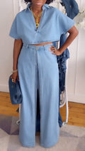 Cropped Denim Shirt & Wide Leg Pants Two Piece Set