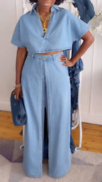 Cropped Denim Shirt & Wide Leg Pants Two Piece Set