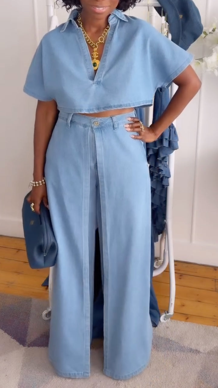 Cropped Denim Shirt & Wide Leg Pants Two Piece Set