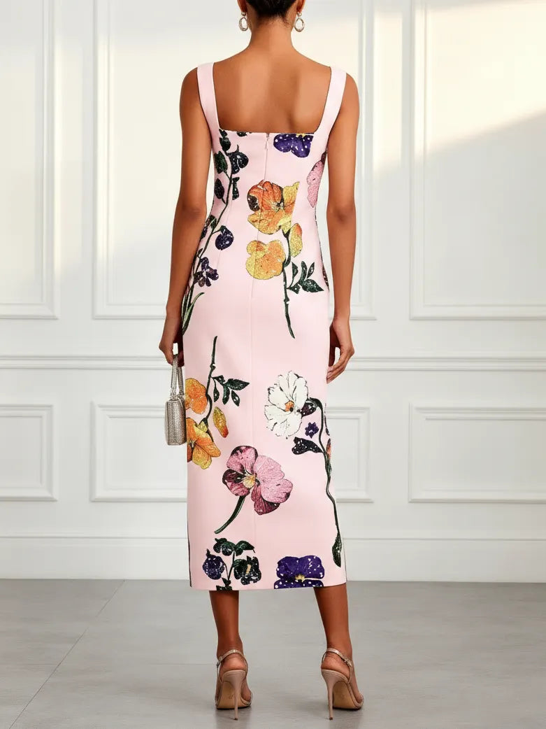 Pink Floral Classic Square Neck Sleeveless Sheath Midi Dress
