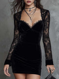 Retro Sweetheart Neckline Lace Long-sleeved Polyester Velvet Mini Dress