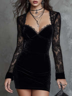 Retro Sweetheart Neckline Lace Long-sleeved Polyester Velvet Mini Dress