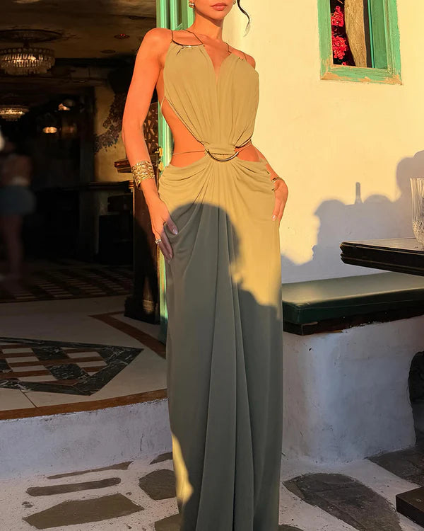 Olive Cutout Metal Hardware Halter Maxi Gown