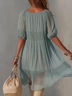 Blue Pleated Lace Midi Dress