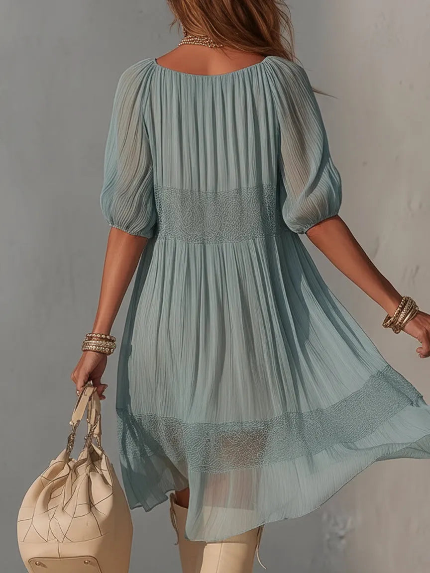 Blue Pleated Lace Midi Dress