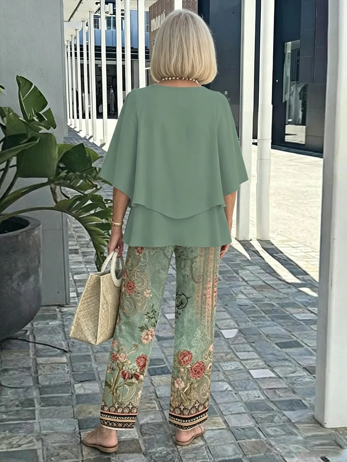 Women's 2 Piece Outfits Set, Crew Neck Flutter Sleeve Layered Blouse & Leaf Print Straight Leg Pants, Casual Loose Matching Two Piece Set for Summer Daily Wear
