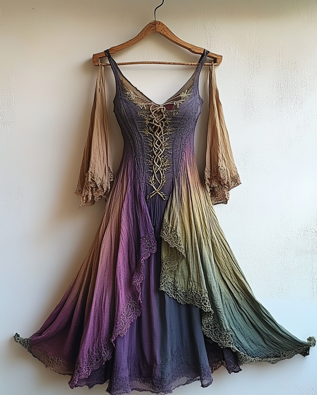 Summer holiday Viking theme print irregular handmade ribbon dress 13bd