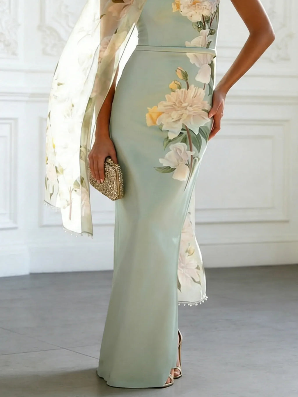 Light Green Floral Classic One Shoulder Sleeveless Sheath Maxi Dress