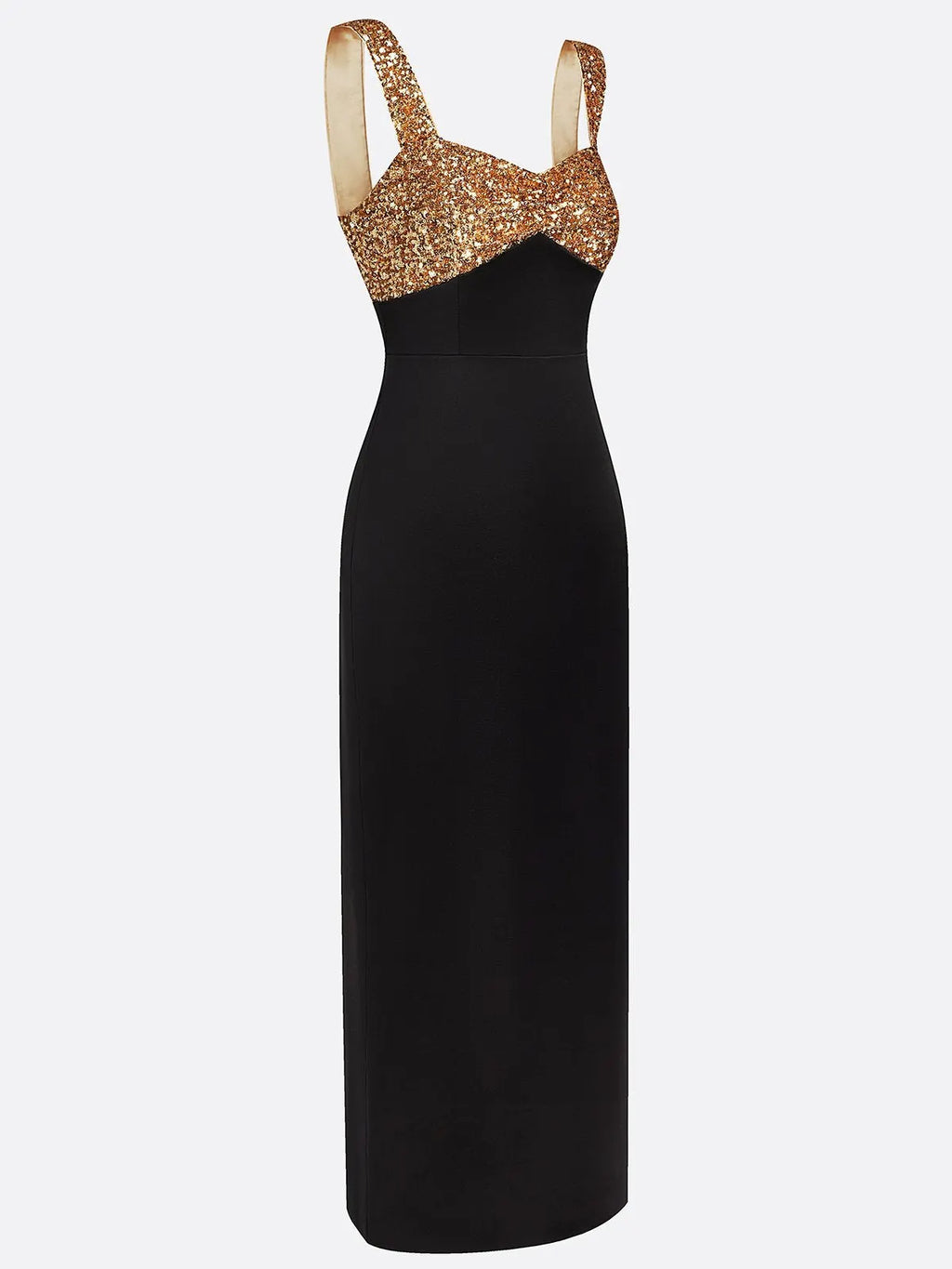 Black Gold Sequin Satin Spaghetti Gallus Sheath Maxi Dress