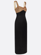 Black Gold Sequin Satin Spaghetti Gallus Sheath Maxi Dress