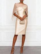 Champagne 3D Floral Mesh Satin Boat Neck Short Sleeve Sheath Midi Dress with Capelet