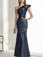 Navy Blue Satin Gown With Silver Embroidery