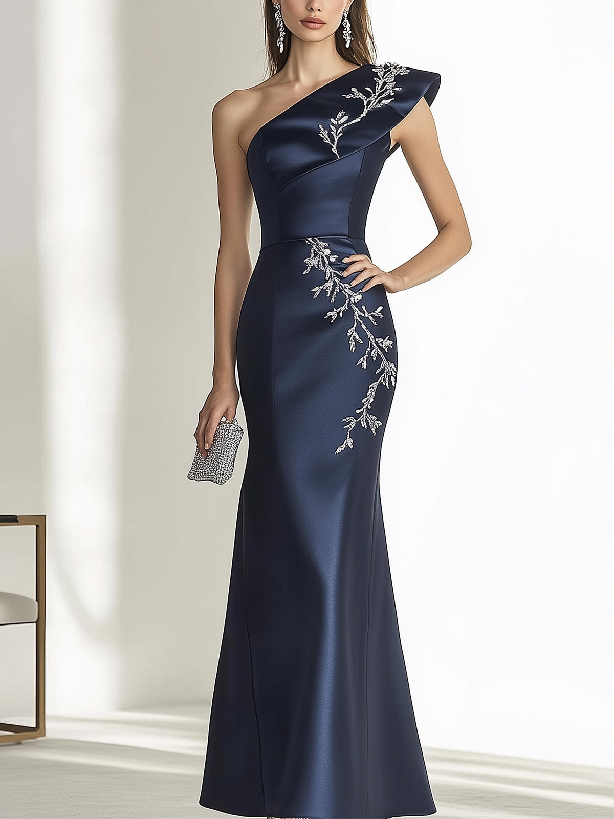 Navy Blue Satin Gown With Silver Embroidery