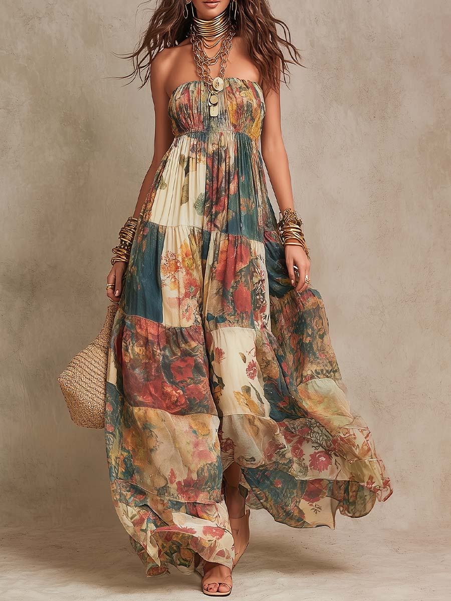 Bohemian Strapless Patchwork Floral Tiered Maxi Dress