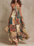 Bohemian Strapless Patchwork Floral Tiered Maxi Dress