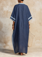 Navy Striped Linen-Blend Kaftan Maxi Dress - Breathable Resort Cover-Up