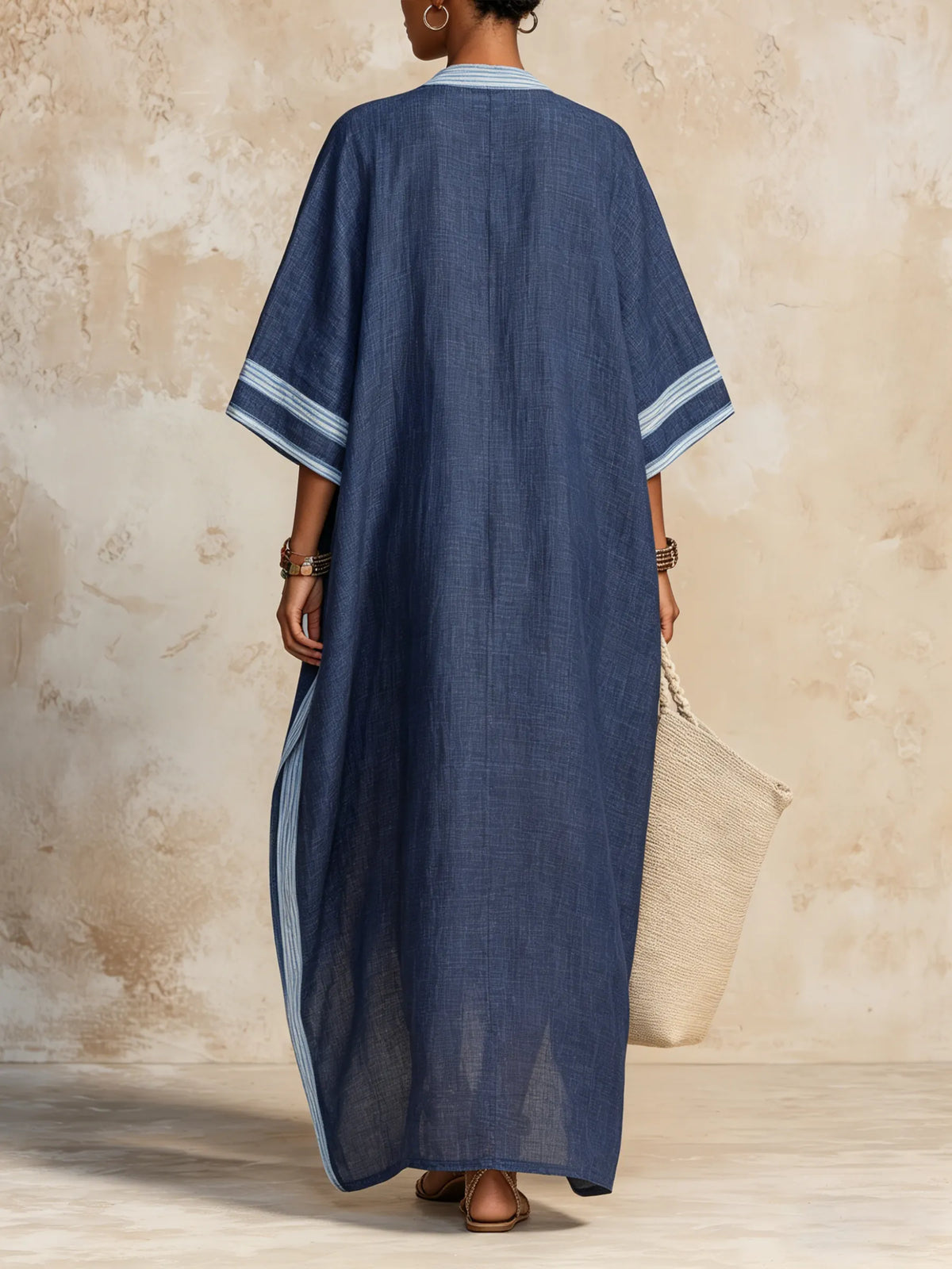 Navy Striped Linen-Blend Kaftan Maxi Dress - Breathable Resort Cover-Up