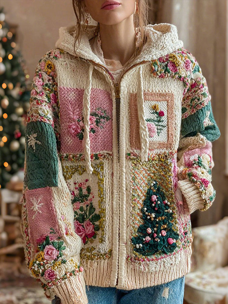 Women's Christmas Tree And Rose Pattern Knitted Zip-up Hooded Sweater