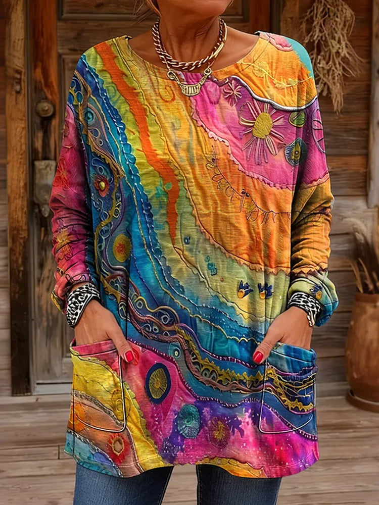 Women's Peace Tie-dye Rainbow Art Pattern Casual Long-sleeve Pocket T-shirt
