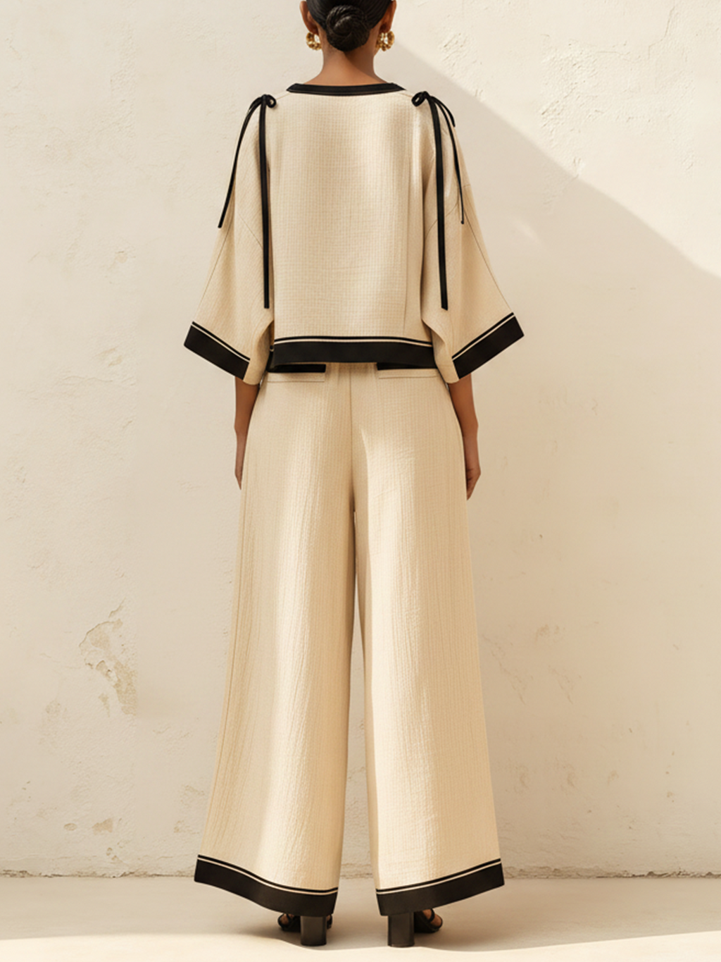 Beige Linen-Blend Contrast Trim Two-Piece Set