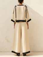 Beige Linen-Blend Contrast Trim Two-Piece Set