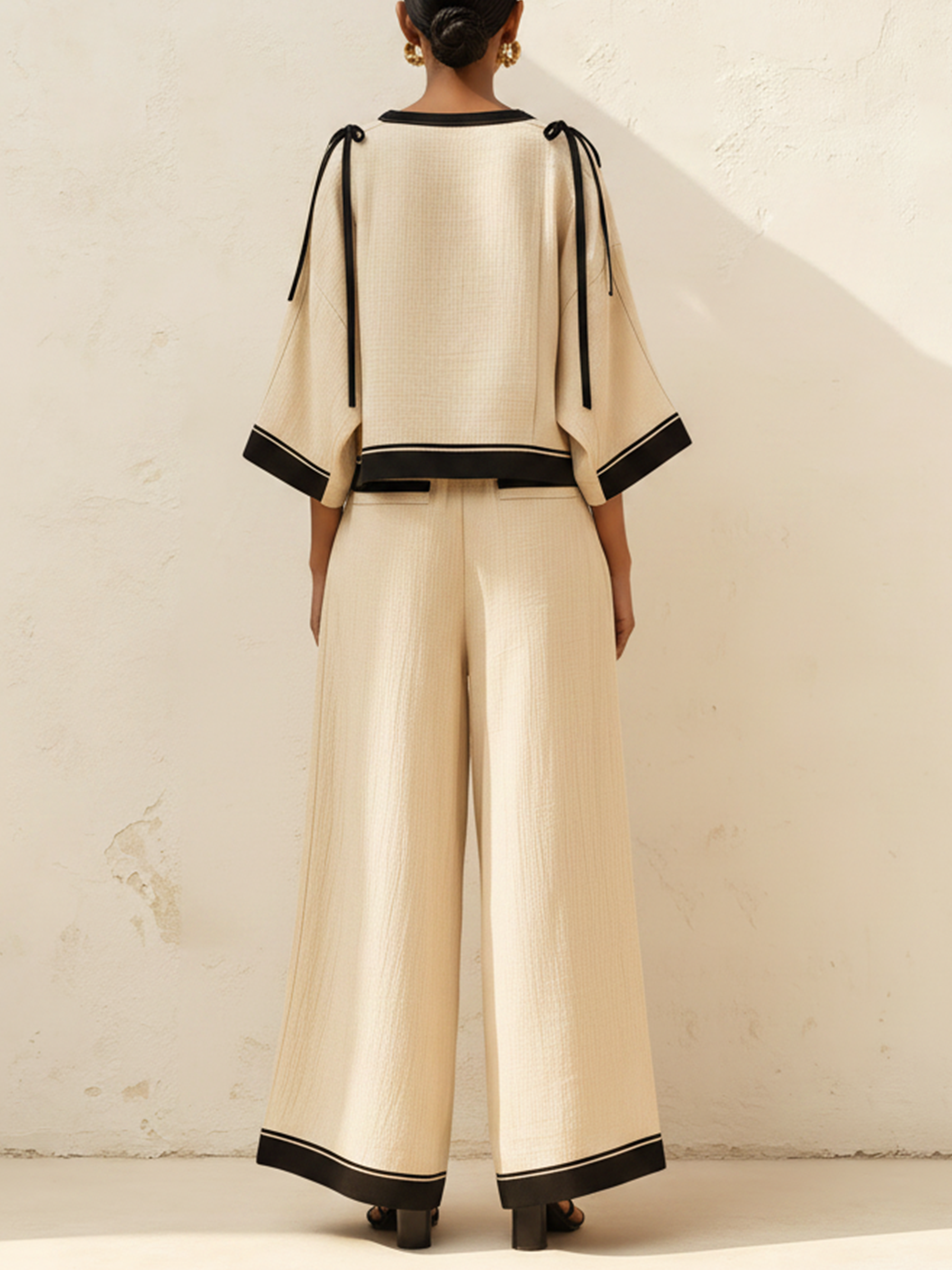 Beige Linen-Blend Contrast Trim Two-Piece Set