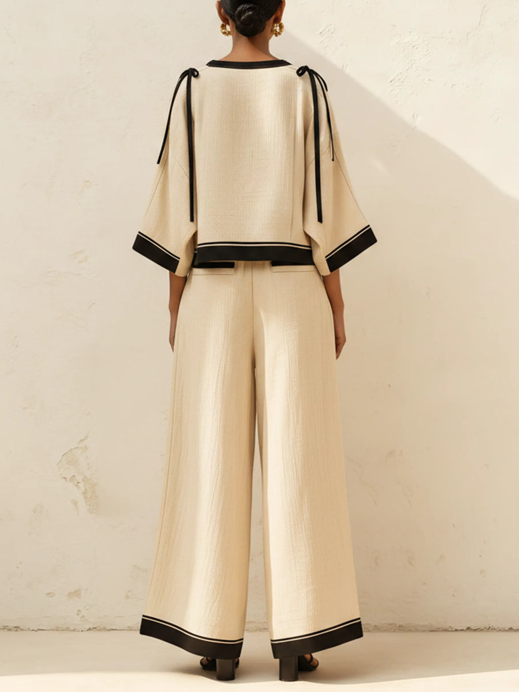 Beige Linen-Blend Contrast Trim Two-Piece Set