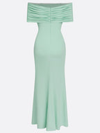 Green Ruched Knit Off The Shoulder Sleeveless Bodycon Maxi Dress