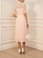 Pink Pleated Classic Shirt Collar Short Sleeve A-Line Midi Dress