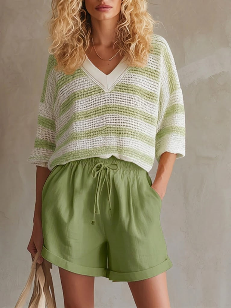 Casual Knitted Pullover Top And Linen-cotton Shorts Two-piece Set