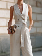 Double-Breasted Shawl Collar Belted Vest And Wide-Leg Pants Set