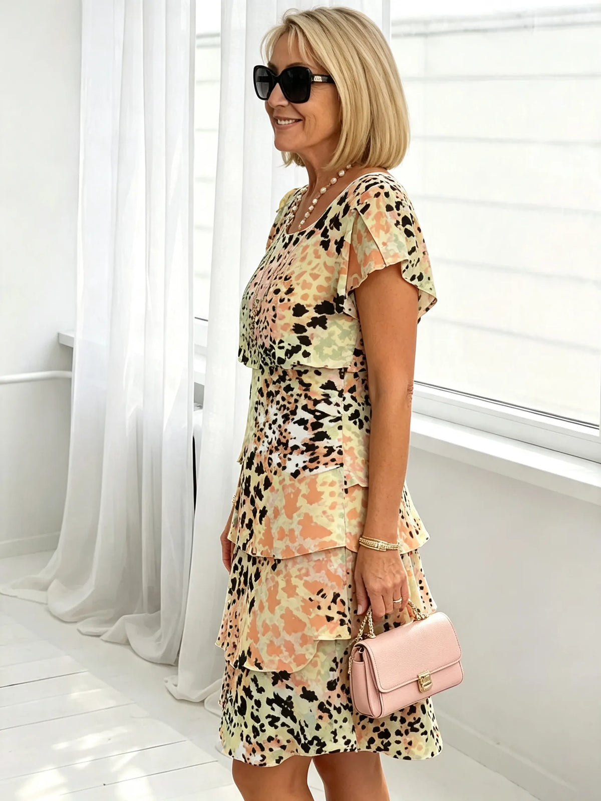 Women's Floral Print Tiered Chiffon Dress, Short Flutter Sleeve Loose Multi-Layer Tummy Covering Shift Dress, Casual Summer Flowy Dress for Daily Vacation Beach