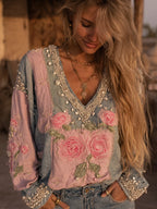 Women's Pink Rose Embroidered Denim Patchwork Linen Shirt