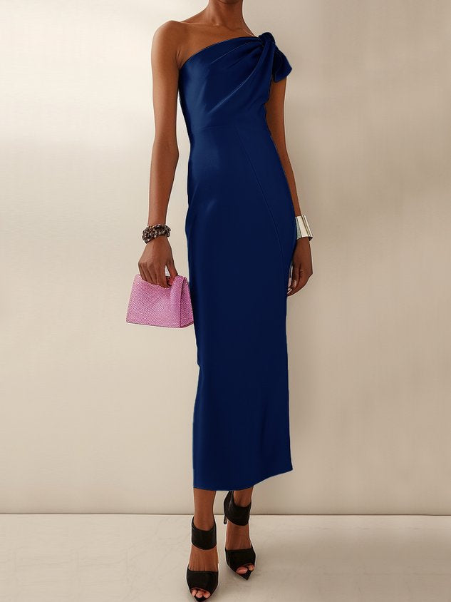 Blue Bow One-Shoulder Sheath Maxi Dress