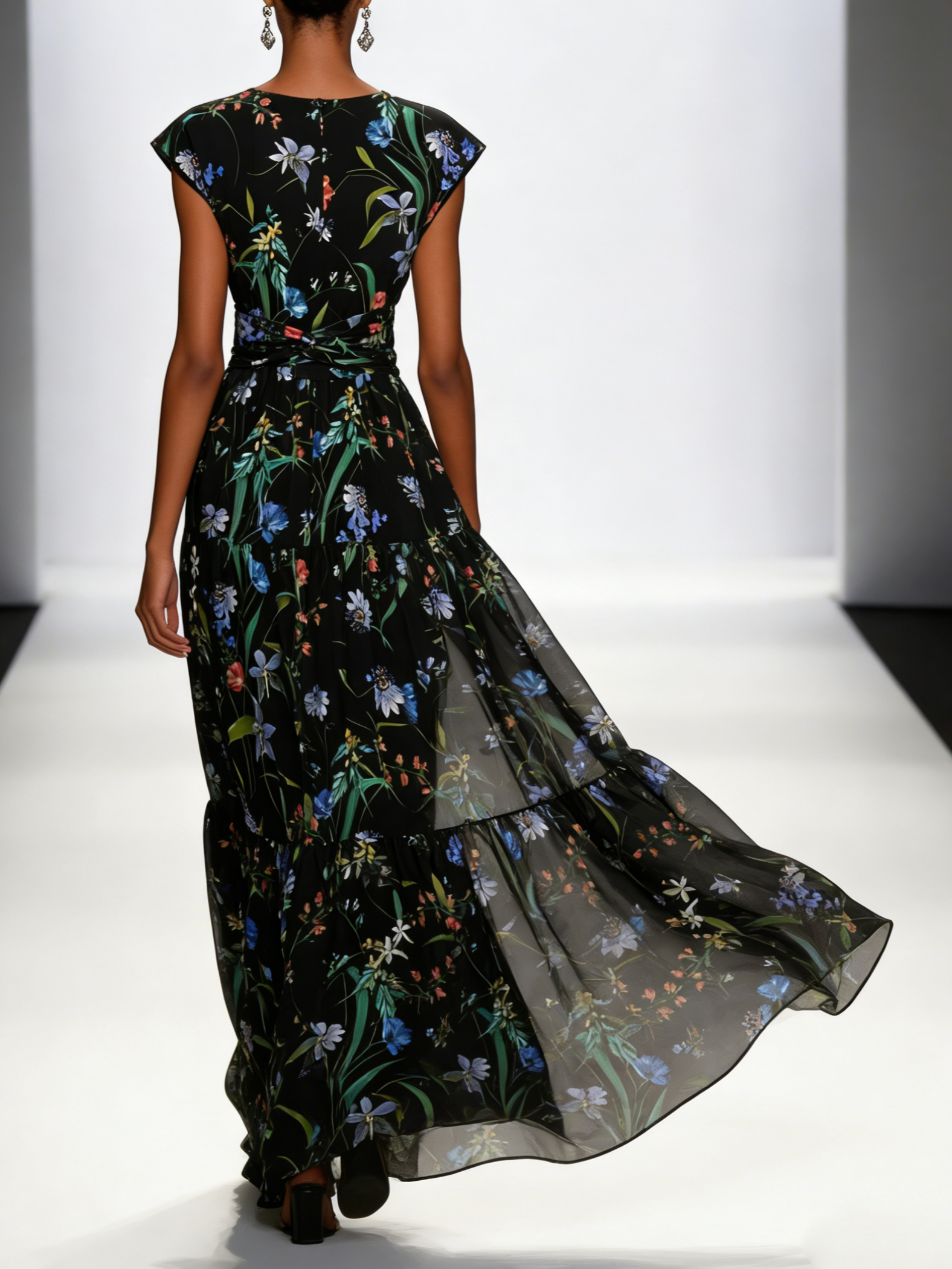 Black Floral Knot Chiffon V Neck Sleeveless A-Line Maxi Dress