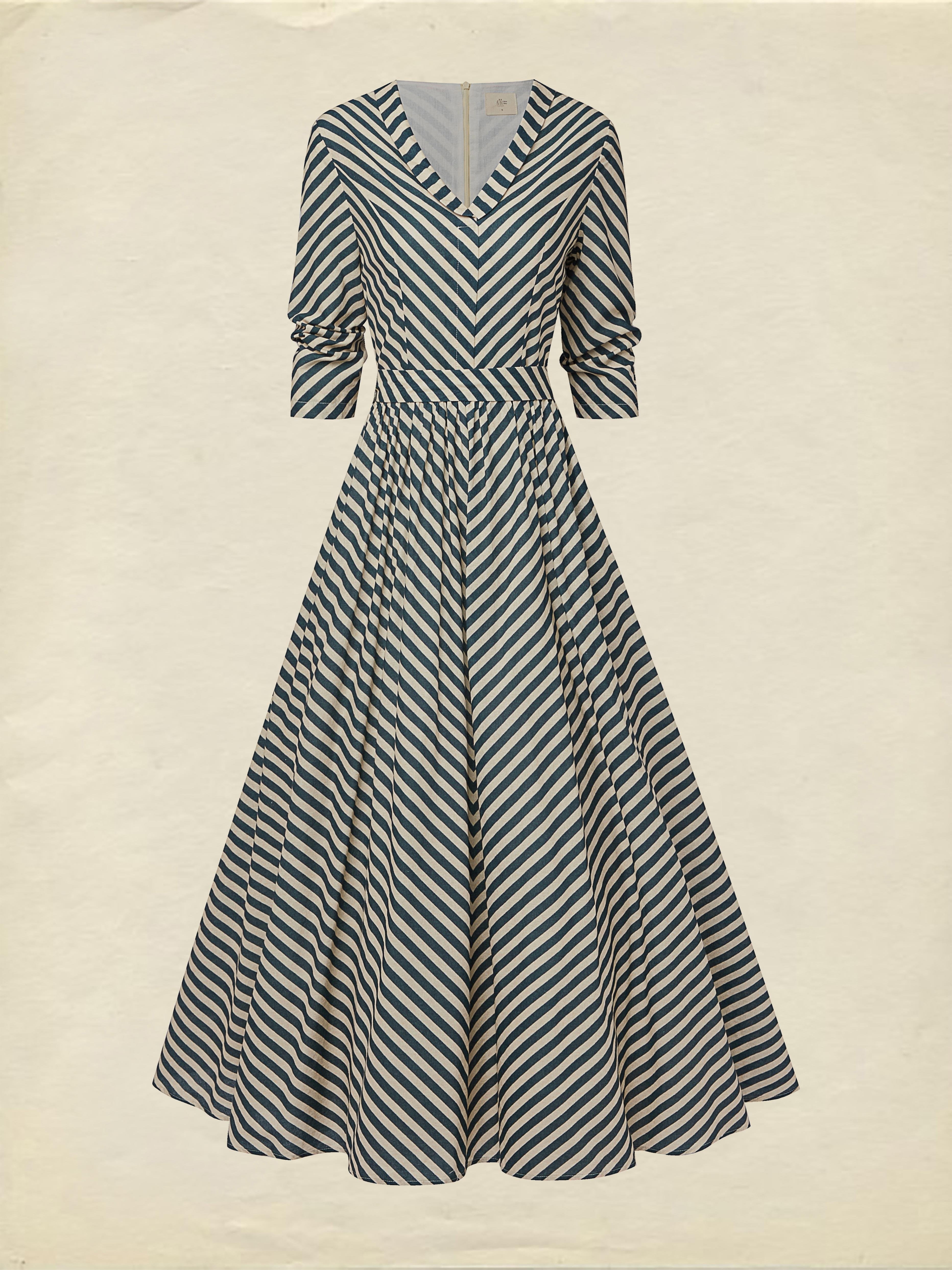 Maxi Cotton Dress, Half Sleeve, V Neck, Striped, French Vintage, Blue