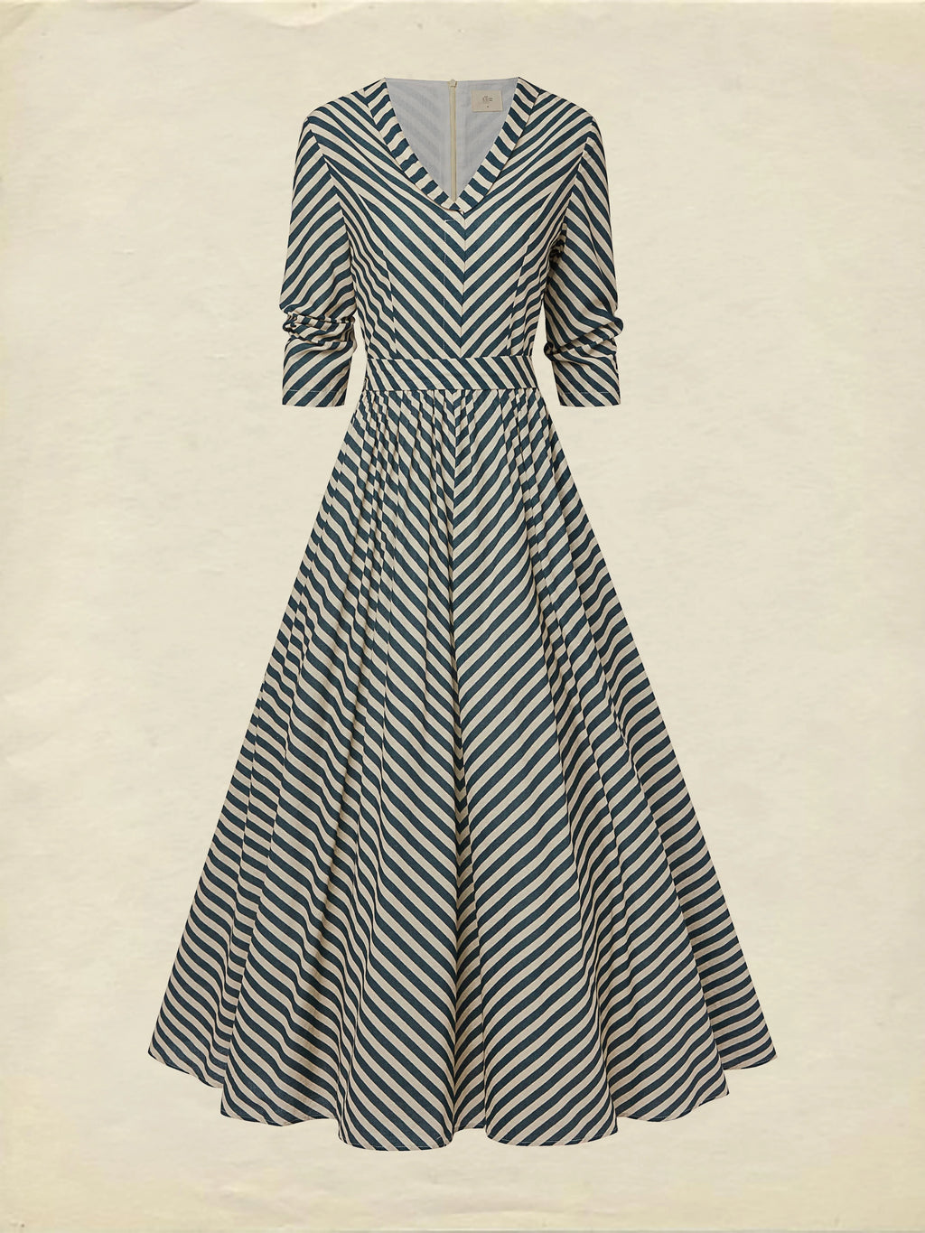 Maxi Cotton Dress, Half Sleeve, V Neck, Striped, French Vintage, Blue