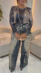 Mesh Top & Printed Denim Pants Outfit