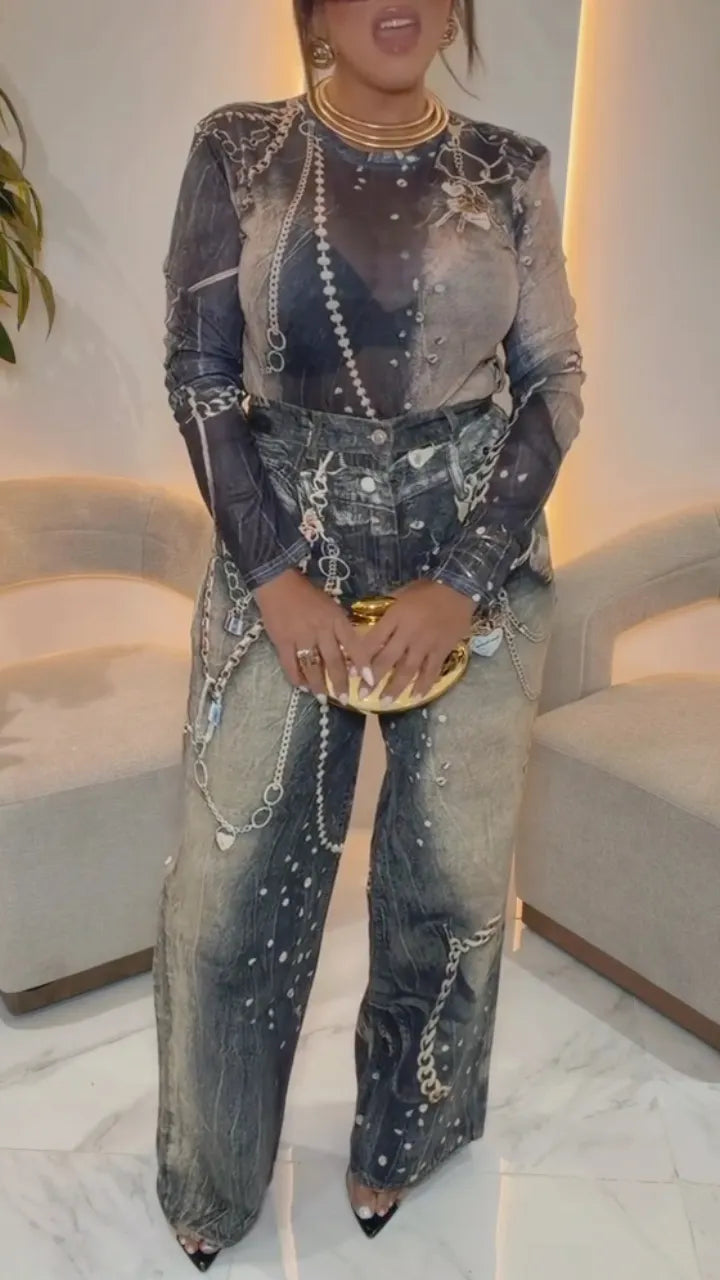 Mesh Top & Printed Denim Pants Outfit