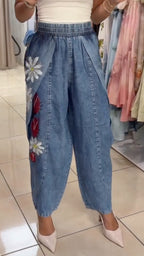 Floral Print Rhinestones Light Denim Harem Pants