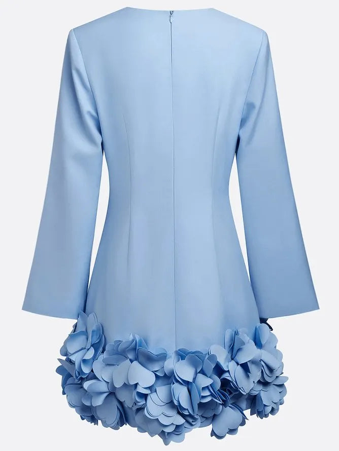 Pink 3D Floral Classic Crew Neck Bell Long Sleeve Shift Mini Dress