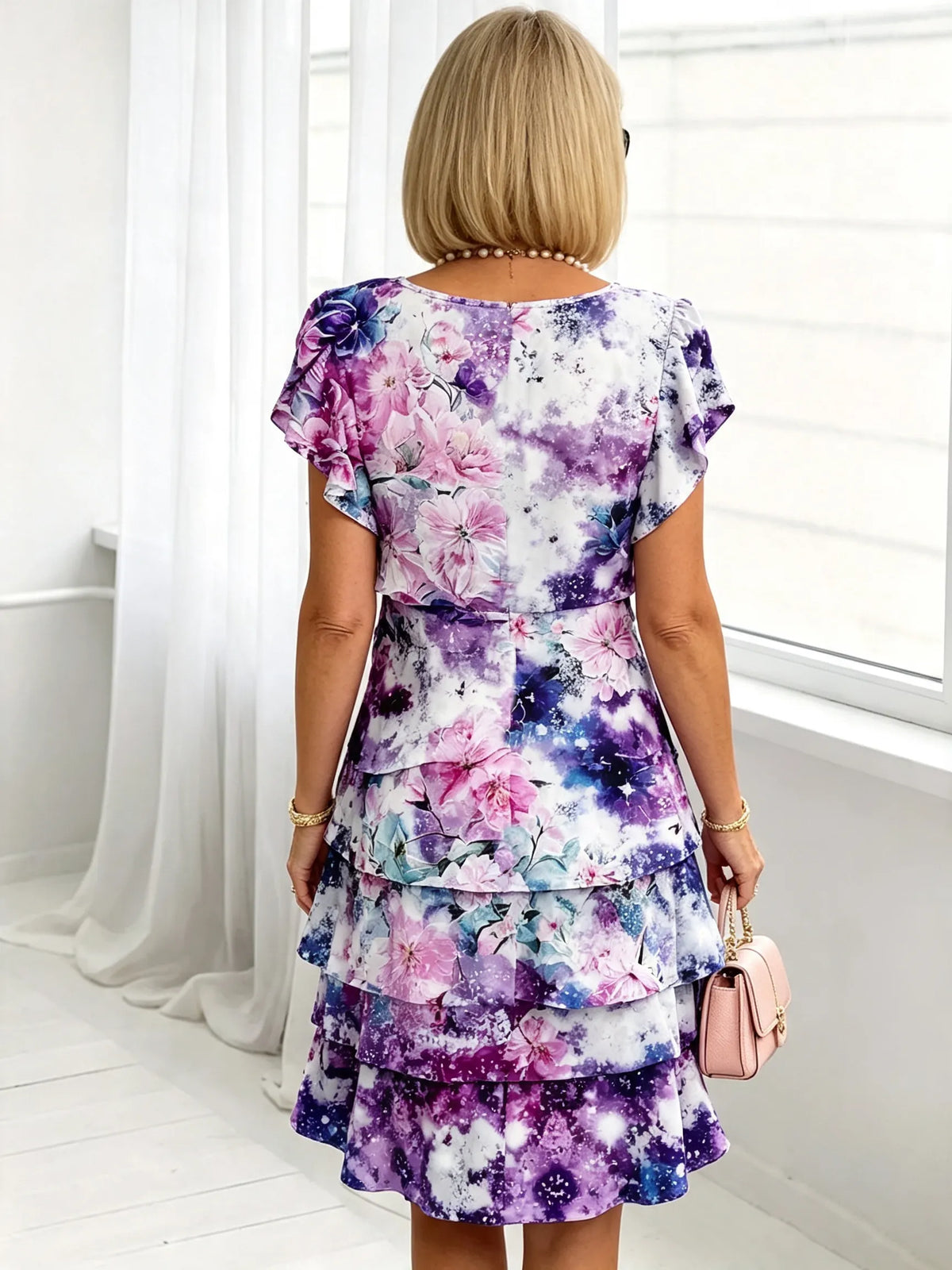 Women's Floral Print Tiered Chiffon Dress, Short Flutter Sleeve Loose Multi-Layer Tummy Covering Shift Dress, Casual Summer Flowy Dress for Daily Vacation Beach