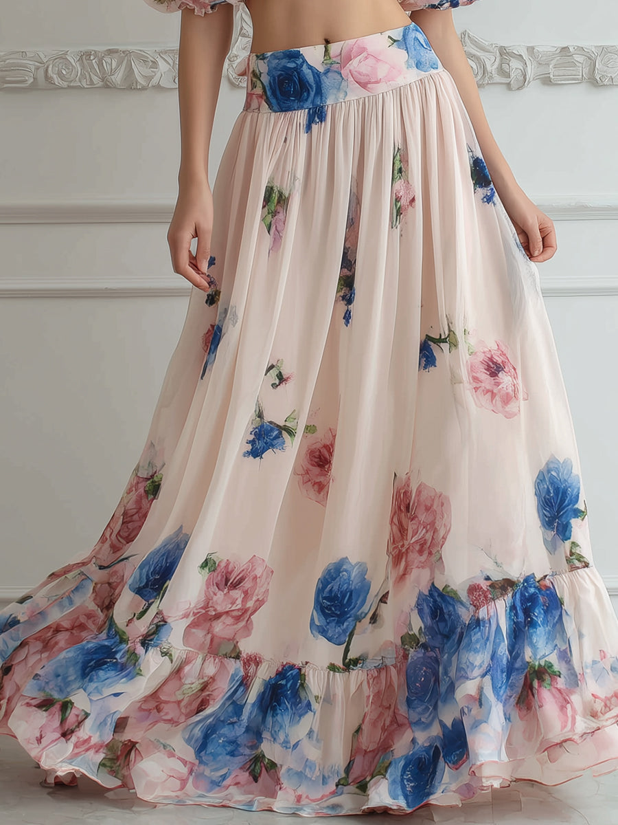 Off-Shoulder Floral Ruffle Two-Piece Maxi Set