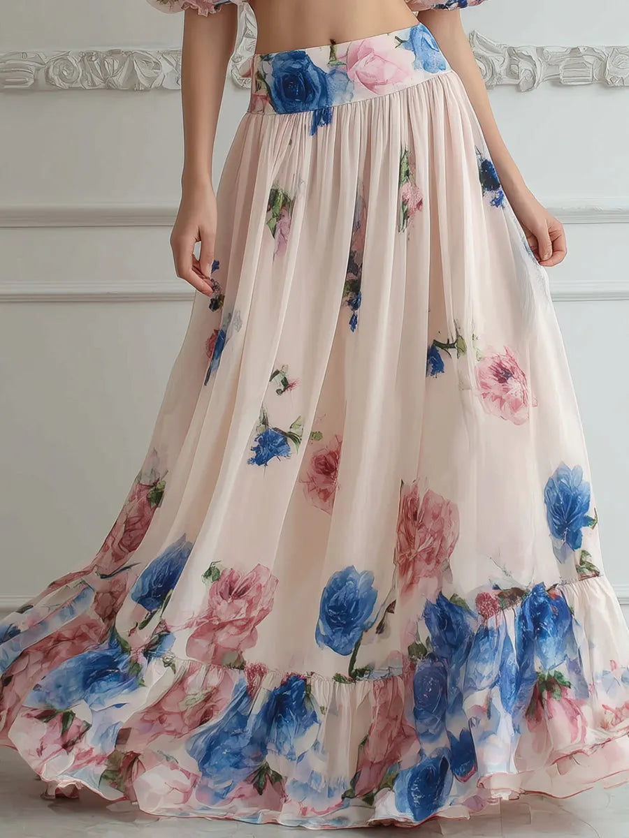 Off-Shoulder Floral Ruffle Two-Piece Maxi Set